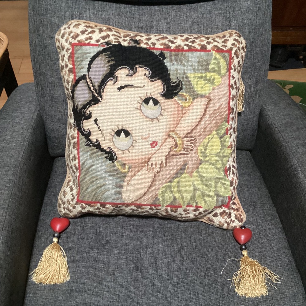 Betty Boop Needlepoint Throw Pillow Leopard Print Heart Tassels 16x16 Vintage